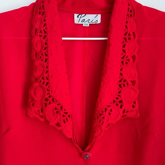 Vintage Paris Red Silky Open Blouse Sheer Plunging Neckline Embroidered Collar S - Picture 4 of 10